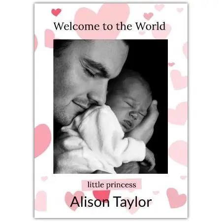 Personalised New Baby Baby Girl Photo Card Welcome to the World Little Princess Pink Hearts