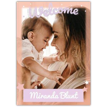 Welcome New Baby Photo Upload Card with Purple Stars and Orange Frame