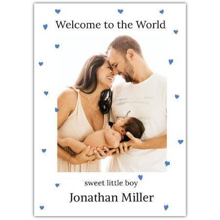 Personalised Welcome to the World New Baby Boy Photo Card with Blue Hearts Design