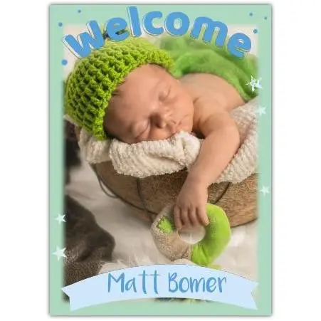 Personalised New Baby Boy Welcome Card with Green Hat and Stars Design