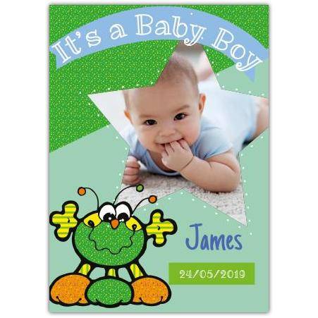 Personalised It's a Baby Boy Newborn Photo Card with Cute Green Alien Star Design