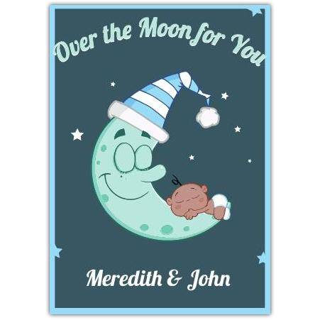 Over The Moon New Baby Card with Sleeping Baby and Moon in Blue and White Hat