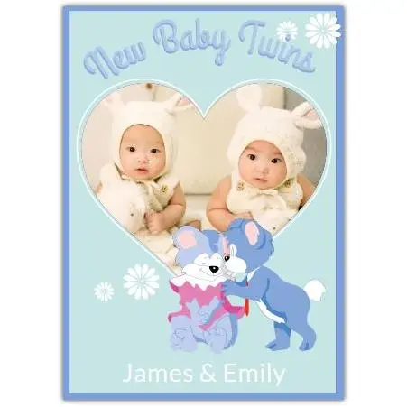 New Baby Twins Personalised Photo Card with Cute Puppy Design Blue