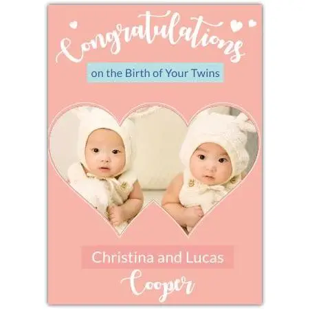 Personalised Congratulations Card for Twins Birth with Double Heart Photo Pink Design