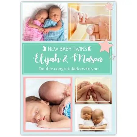 New Baby Twins Personalised Photo Gallery Congratulations Card in Green and Pink