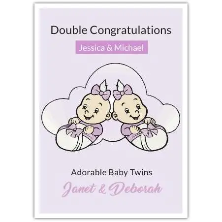 Double Congratulations Baby Twins Card with Personalised Names in Purple Design