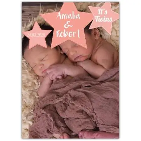 Personalised Twins New Baby Photo Card with Stars and Names in Orange Design