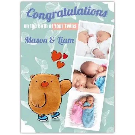 Personalised Congratulations on Your Twins Baby Card with Bear and Photo Upload Option