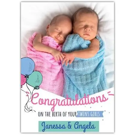 Personalised Congratulations Card for Birth of Twin Girls with Photo and Balloon Design