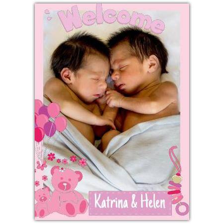 Personalised Welcome Twins Baby Photo Card with Pink Bears and Balloons Design