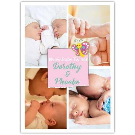 New Baby Twins Photo Collage Card with Butterfly Design Pink Personalised