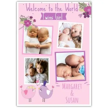 Welcome New Twin Girls Photo Gallery Card with Floral and Birds Design
