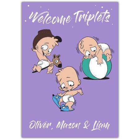 Welcome Triplets New Baby Card with Custom Names Purple Illustration Design