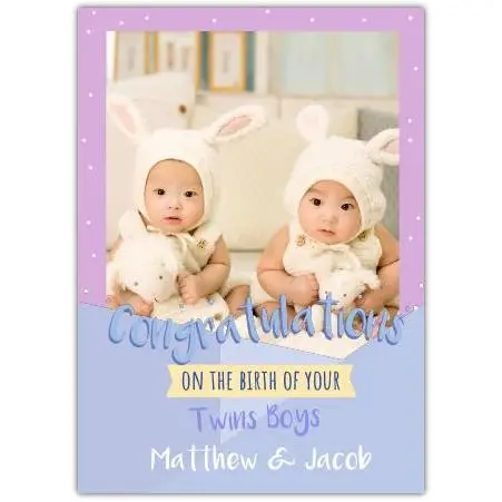 Personalised Congratulations Card for Twin Boys Birth with Photo Upload Purple Blue Design