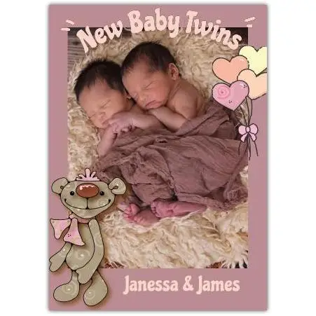 Personalised New Baby Twins Photo Card with Cute Bear and Heart Balloons Design