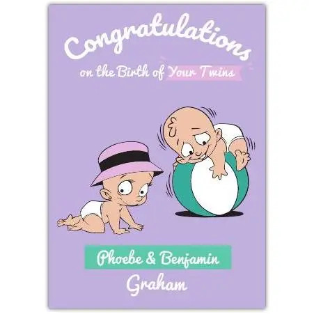 Personalised Congratulations on the Birth of Your Twins Baby Card with Cute Illustration
