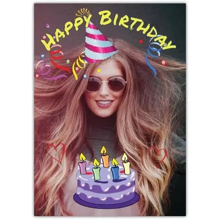 Personalised Happy Birthday Photo Card with Party Hat and Cake Design for Her