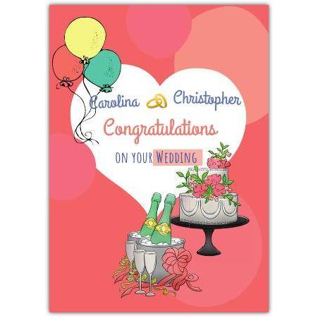Personalised Congratulations On Your Wedding Card With Balloons Cake and Champagne Design