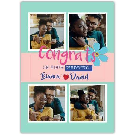 Personalised Wedding Congratulations Card with Blue Flower and Four Photo Gallery Design