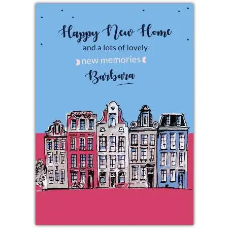 Personalised Happy New Home Card with Colourful European Buildings Design
