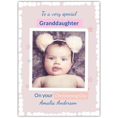 Personalised Granddaughter Christening Day Photo Upload Card with Stars and White Frame