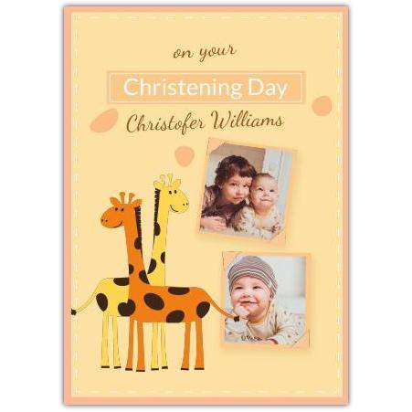 Personalised Christening Card with Two Giraffes and Photo Upload on Yellow Background