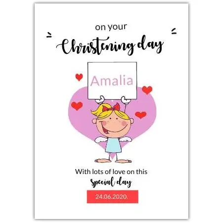 Personalised Christening Day Card with Angel and Hearts for Baby Girl Special Occasion