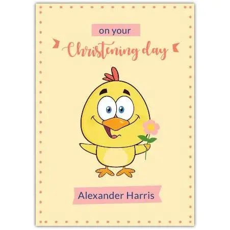 Personalised Christening Day Card with Cute Yellow Bird Holding Flower for Boys