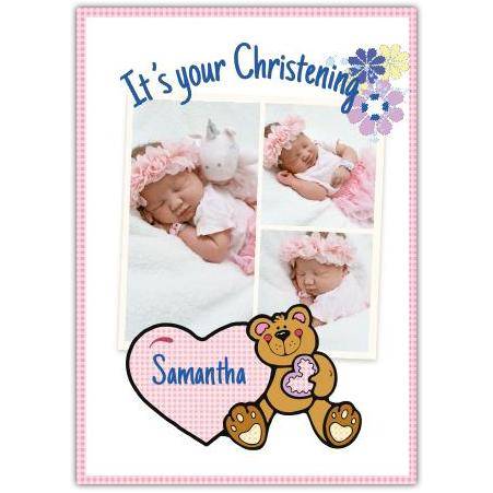 Personalised Christening Card for Baby Girl Teddy Holding Hearts with Photo Collage
