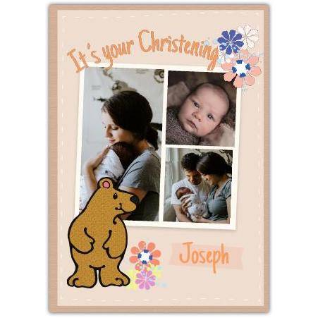 Personalised Christening Card with Bear and Flowers Photo Collage for Baby Joseph