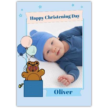 Personalised Happy Christening Day Baby Boy Card with Teddy Bear and Balloons Photo Upload