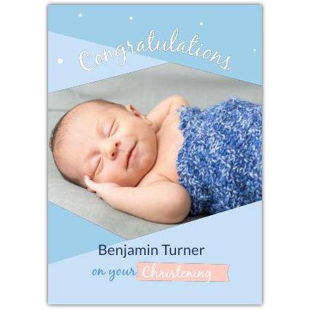 Personalised Baby Boy Christening Congratulations Card with Photo Blue Design