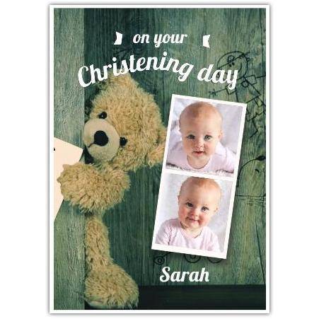 Personalised Christening Day New Baby Photo Upload Card with Brown Bear Design