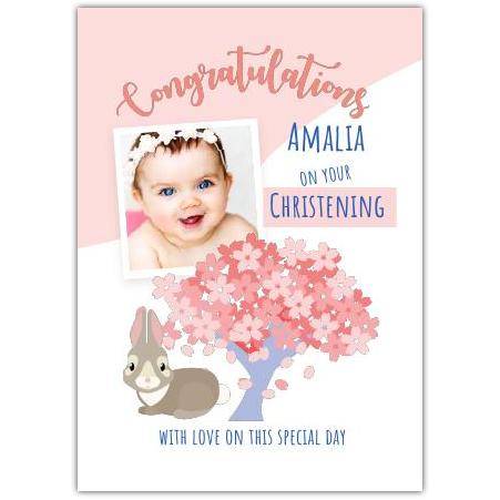 Personalised Baby Girl Christening Congratulations Card with Bunny and Cherry Blossom Tree