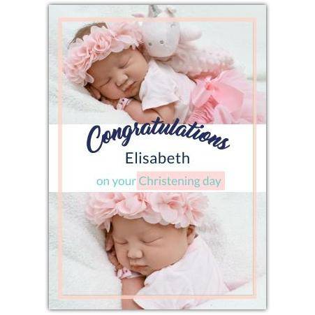 Personalised Baby Girl Christening Congratulations Card with Two Photo Frames in Pink