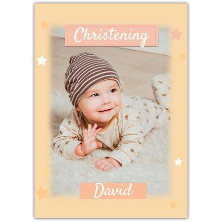 Personalised Christening Card with Orange Star Background and Photo Upload Option