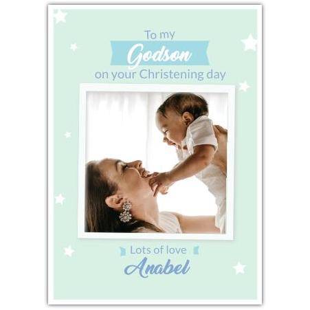 Personalised Christening Day Card for Godson with Blue Stars and Photo Upload