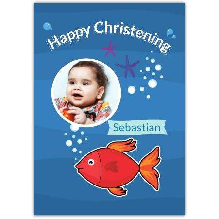 Personalised Happy Christening Card with Red Fish and Under the Sea Design for Boys