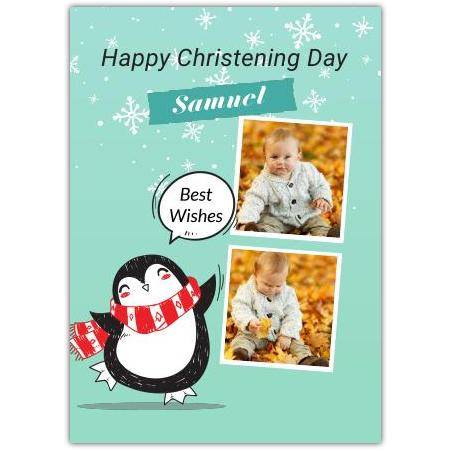 Personalised Christening Card for Boy with Penguin Design and Photo Upload Option