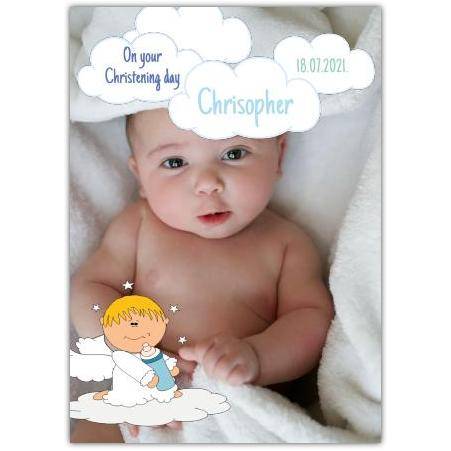 Personalised Christening Card with Angel and Baby Photo for Naming Day Celebration