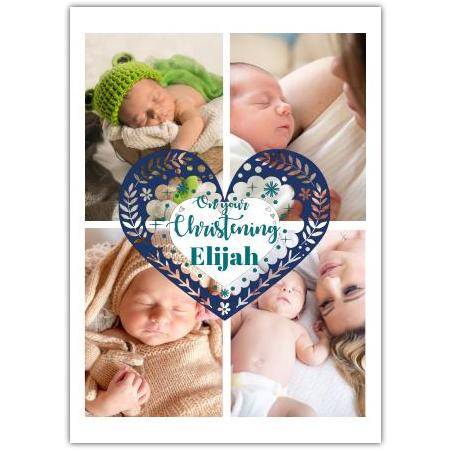 Personalised Christening Card for Baby 4 Photo Collage with Blue Floral Heart Design