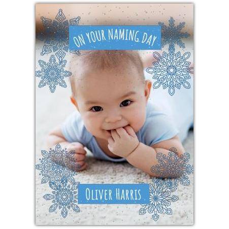Personalised New Baby Boy Naming Day Card Blue Snowflakes Photo Design