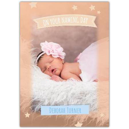 Personalised New Baby Girl Naming Day Card with Orange Star Design and Photo Upload