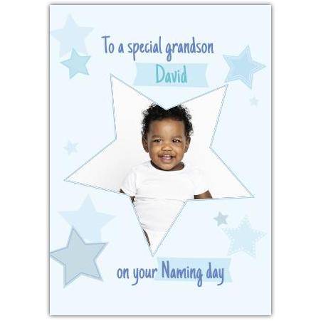 Personalised New Baby Grandson Naming Day Card Blue Star Photo Upload Design