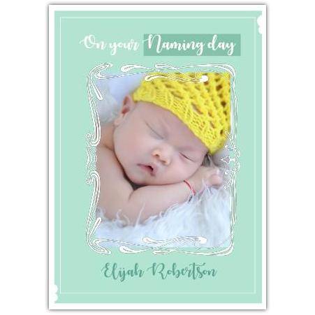 Personalised New Baby Boy Naming Day Photo Upload Card with Green Frame Design