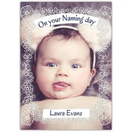 Personalised New Baby Naming Day Card with Ornament Photo Frame Design