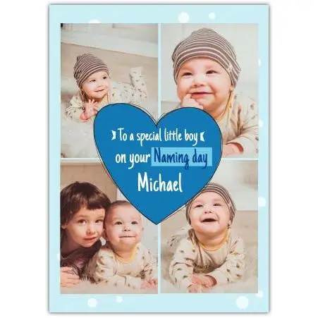 Personalised New Baby Boy Naming Day Photo Card with Blue Heart Design