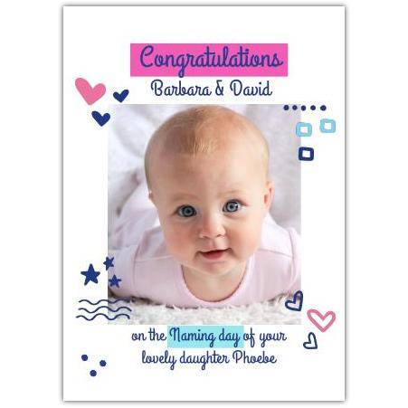 Personalised New Baby Girl Congratulations Naming Day Photo Upload Card
