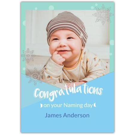 Personalised New Baby Boy Naming Day Card Blue Green Snowflakes Photo Upload