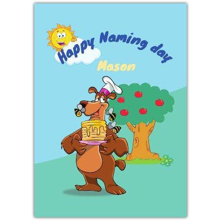 Personalised Happy Naming Day Card with Bear and Pancakes Design